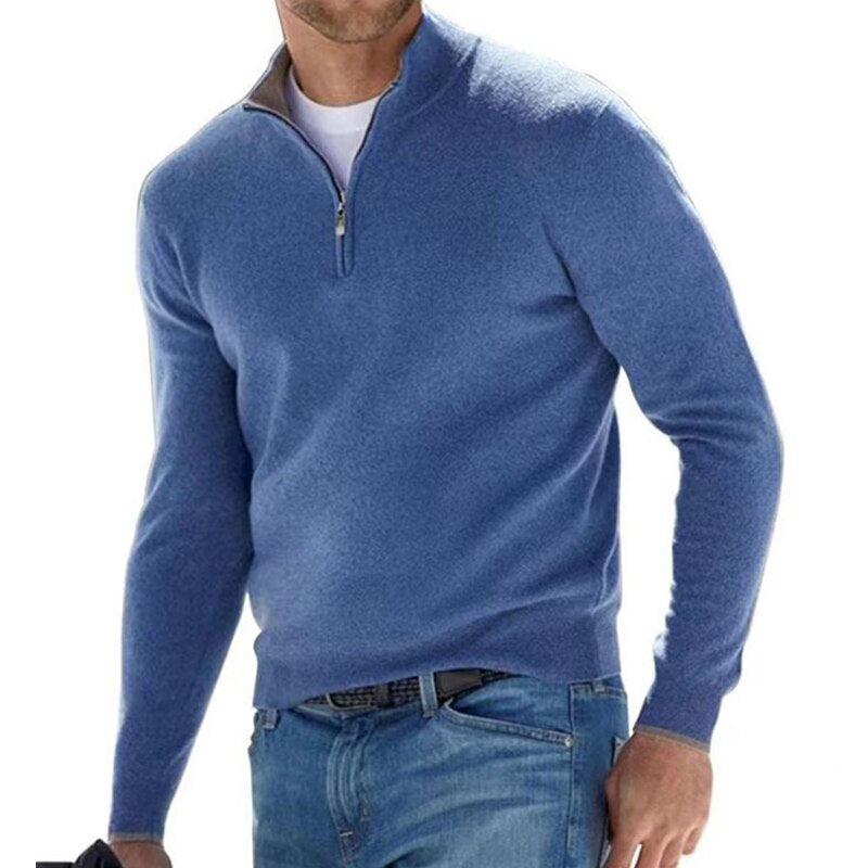 sanyamk Autumn Mens Solid Color Knitted Polo Shirt Fashion Simple Zipper Stand Collar Sweaters For Men Winter Casual Long Sleeve Sweater