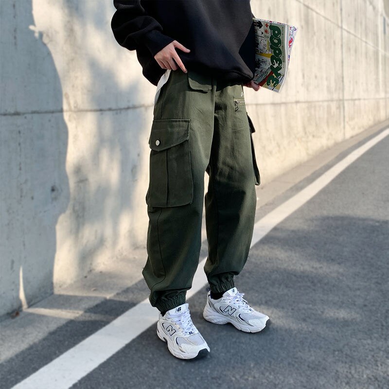 Bonsir High Street Men's Large Pocket Cargo Pants Fashion Design Elastic Waist Oversized Casual Pants Hip Hop Male Trousers