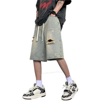 sanyamk Black Baggy Men Jeans Shorts Ripped Summer Japanese Hip Hop Streetwear Harajuku Denim Bermuda Masculina