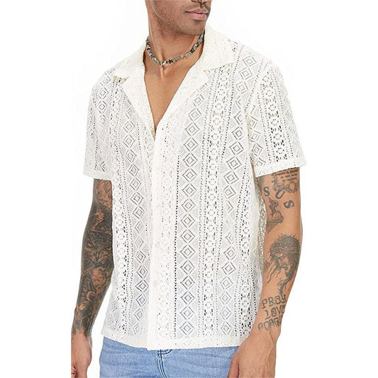 Bonsir Casual Solid Color Loose Shirts Men Fashion Pattern Embroidery Shirt Summer Short Sleeve Button Lapel Tops Mens Streetwear