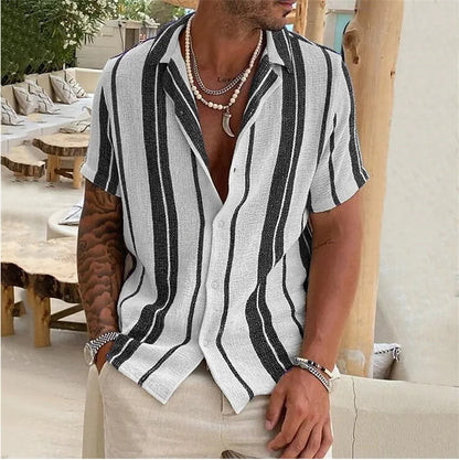 sanyamk New Men's Slub Cotton Shirt Stripe Short Sleeve Collar Cardigan 2023 Summer Fashion Loose Oversize Shirts Top Streetwear Male