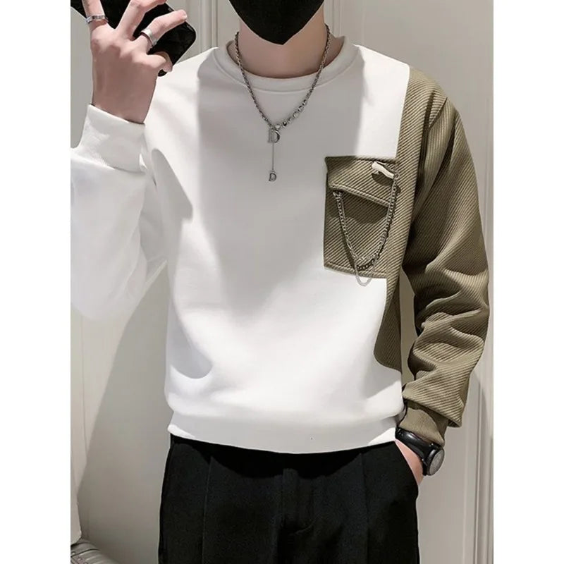 Bonsir Men Trendy Patchwork Chain Pocket Design High Street Sweatshirt Autumn Korean O Neck Long Sleeve Loose Pullover Tops Ropa Hombre