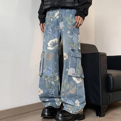 sanyamk Korean Style Denim Cargo Pants Mens Fashion Floral Printed Jeans 2024 Autumn Loose Casual Trousers Hip Hop Wide-leg Jean Pants