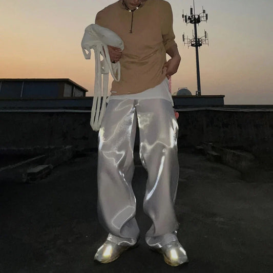 Bonsir 2024 Autumn Mens Wear Glossy Solid Color Satin Loose Casual Trousers Drape Wide Leg Stage Unisex Straight Leg Pants Streetwear