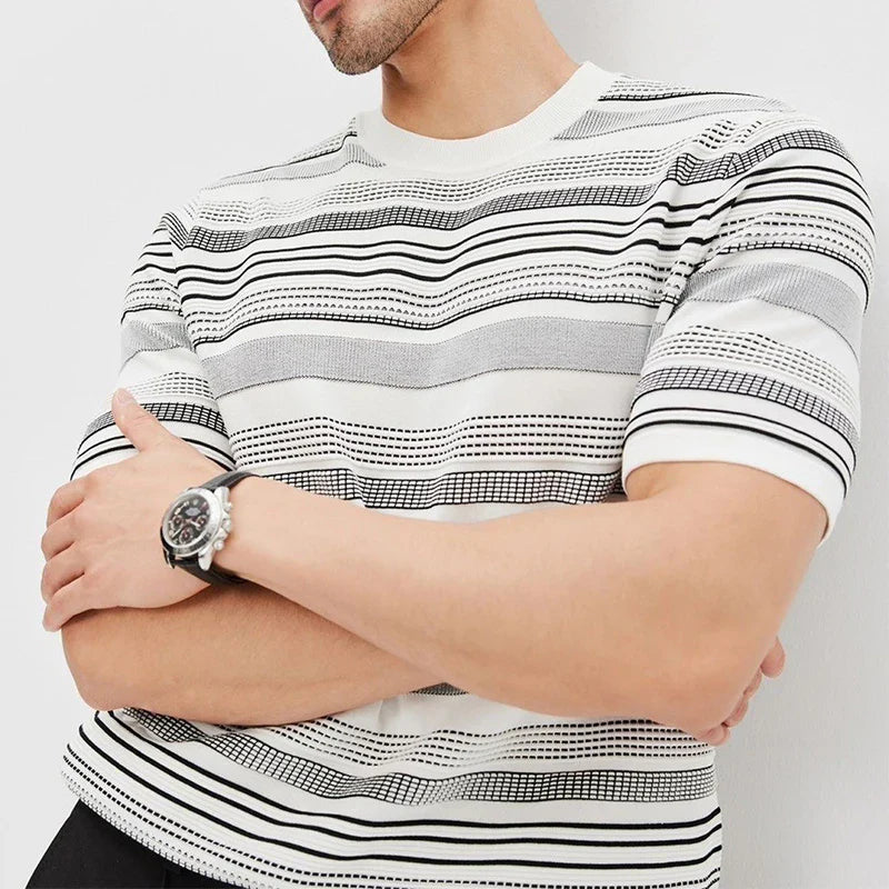 sanyamk New Fashion Slim O Neck T Shirt Knit Mens Short Sleeve Knitting Tops 2024 Spring Summer Casual Striped Knitted Tee Men Pullovers