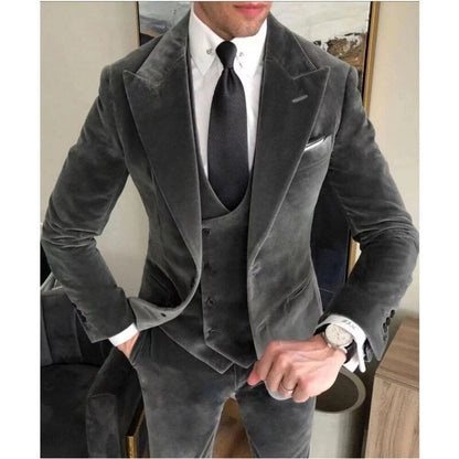 sanyamk Grey Velvet Business Suits for Men Slim Fit Peak Lapel Custom Wedding Groom Tuxedo 3 Piece (Jacket + Pants + Vest)