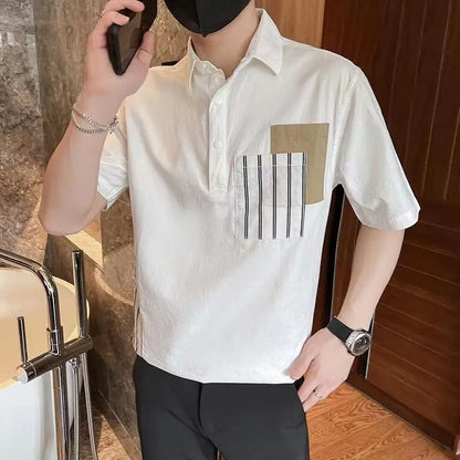 sanyamk Summer New Men's Clothing Lapel Spliced Pocket Contrasting Colors Korean Version Versatile Fashion Casual Top Polo Shirt