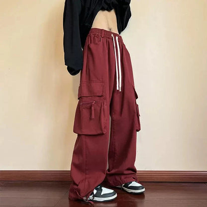 Bonsir Y2K Red Cargo Pants for Men Harajuku Black Trousers Male Streetwear Hip Hop Pocket Loose Casual American Safari Style