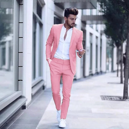 sanyamk Latest Design Mens Luxurious Business Men's Suit for Wedding Party Tuxedos Slim Fit Peak Lapel Pink Suits Male(Jacket+Pants)