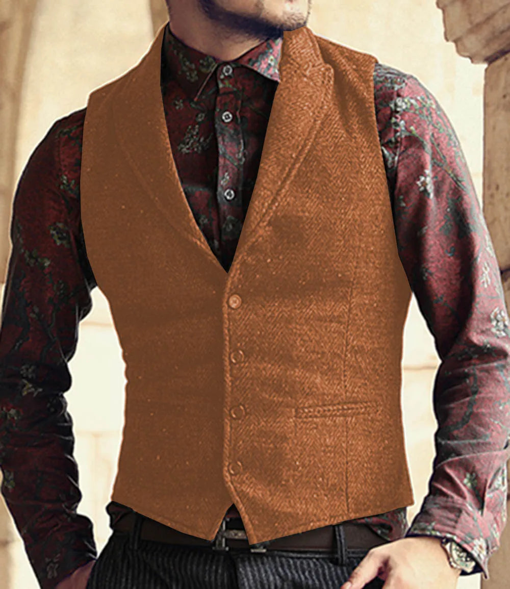 sanyamk New Men Suit Ves Classic Herringbone Pattern Business Waistcoat Notch Lapel Wool Tweed Groomsmen Waistcoat Vests For Men