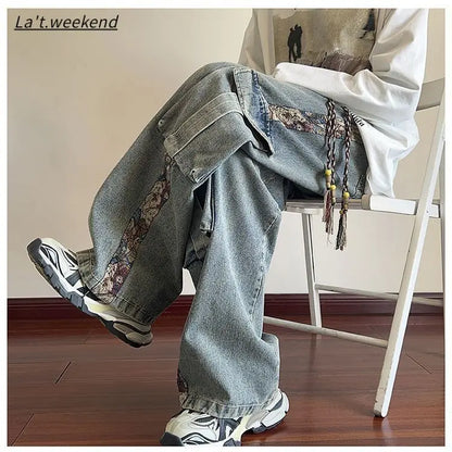 sanyamk Hip hop trend personalized straight leg retro washed workwear jeans American men and women street loose wide leg casual pants