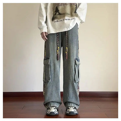 sanyamk Hip hop trend personalized straight leg retro washed workwear jeans American men and women street loose wide leg casual pants