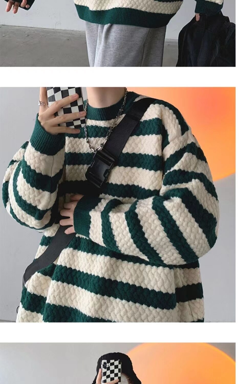 sanyamk Winter Men's Stripe Printing Coats Round Neck Wool Sweater Retro Loose Pullover Fashion Trend Thickened Knitting M-2XL