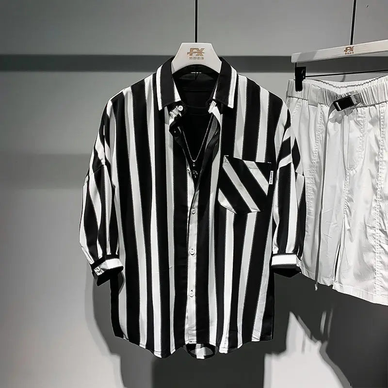 sanyamk 2024 New Summer Trend Fashion Retro Simple Loose Casual Oversize Lapel Black and White Striped Three Quarter Shirt for Men