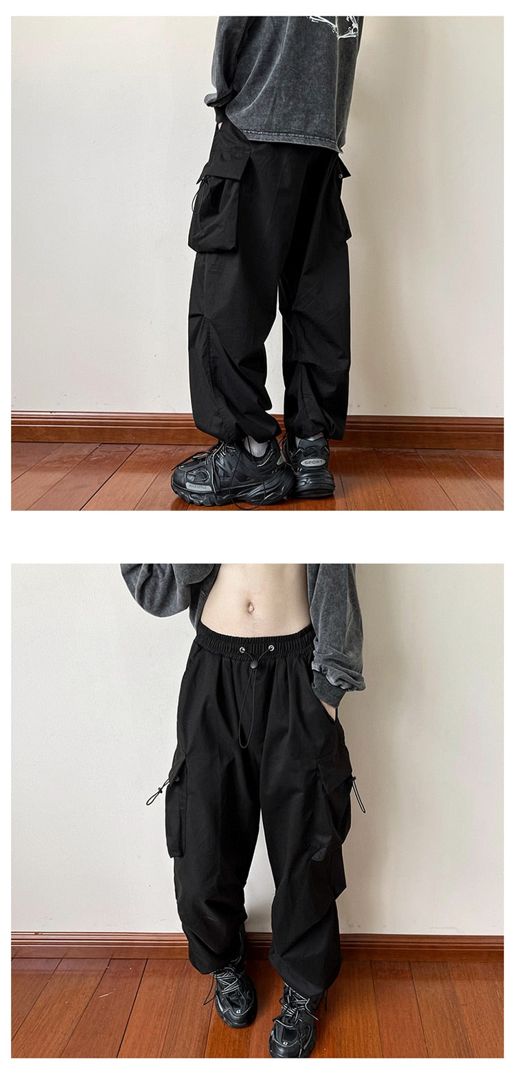 Bonsir Black samurai men's pants oversize pants high street fashion plush knickerbockers American straight charging overalls