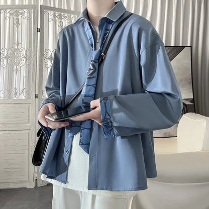 Bonsir Korean Fashion Stylish Long Sleeve Blouses Men Streetwear All-match Handsome Teens Shirt Autumn New Retro Oversize Shirts