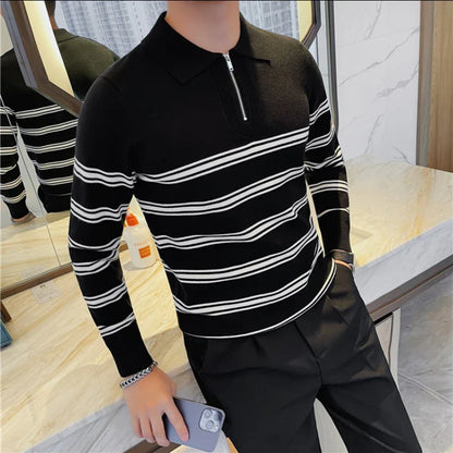 Bonsir Fall Men's Lapel Striped Color Long-sleeved Sweater Knit Men's Slim-fit Casual Pullover Half Zip Collar Men's Sweater Streetwear