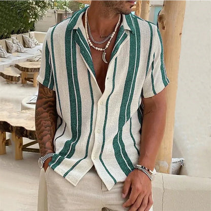 sanyamk New Men's Slub Cotton Shirt Stripe Short Sleeve Collar Cardigan 2023 Summer Fashion Loose Oversize Shirts Top Streetwear Male