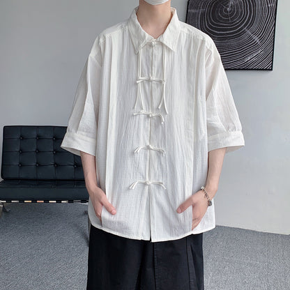 sanyamk Men's Cotton Linen Summer Shirt Chinese Wind Tang Short-sleeved Tops Hanfu Casual Loose Taiji Suit Kung Fu New Shirt T-shirt