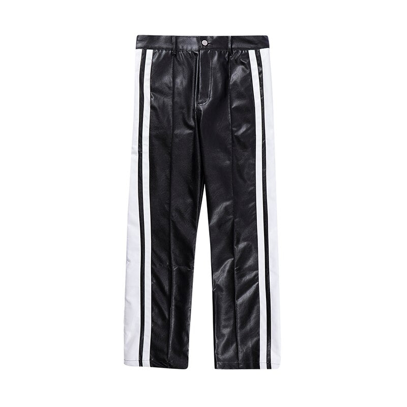 Bonsir Side Striped Straight Pu Leather Pants for Men High Street Breathable Harajuku Loose Track Pants Oversized Casual Trousers