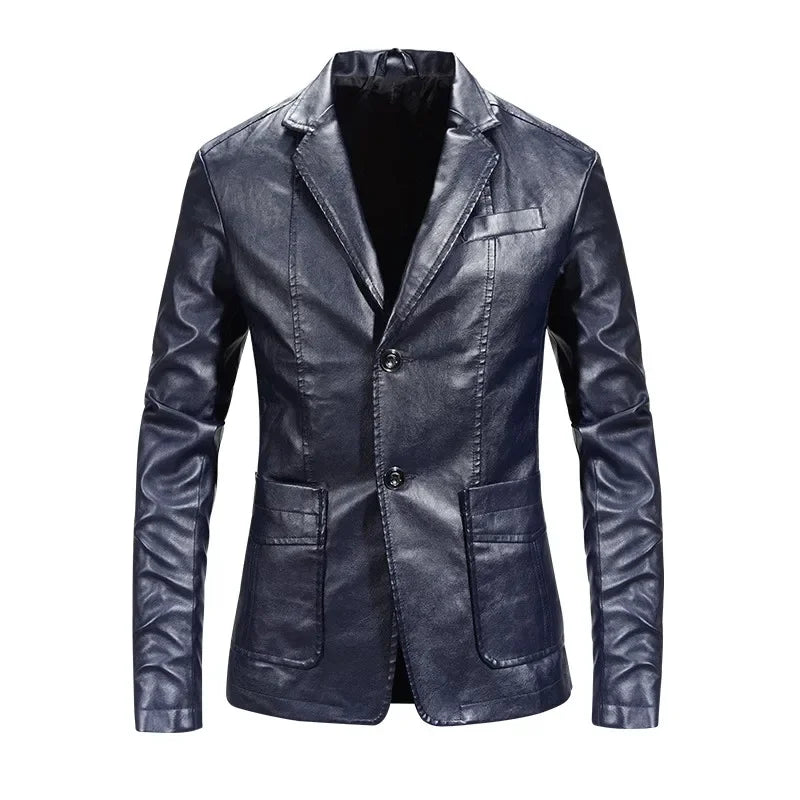 sanyamk Spring Autumn Men's Fashion Casual Motorcycle Leather Coat / Male Slim Fit Solid Colour Single Breasted Pu Suit Jacket