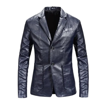 sanyamk Spring Autumn Men's Fashion Casual Motorcycle Leather Coat / Male Slim Fit Solid Colour Single Breasted Pu Suit Jacket