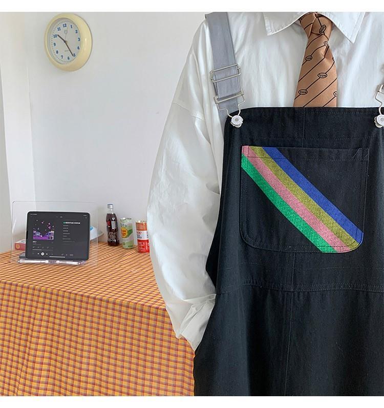 sanyamk Men Suspenders Jumpsuits Oversized Rainbow Printing Overalls Summer Straight Casual Pants Vintage Splicing Trousers Male Clothes