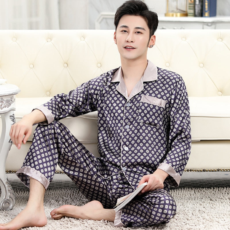 sanyamk Mens Designer Pajamas for Men Sleepwear Set Pijama Set Long Sleeve Sleep Tops Trousers Sleep Wear Men Thin Ice Silk Pajama Set