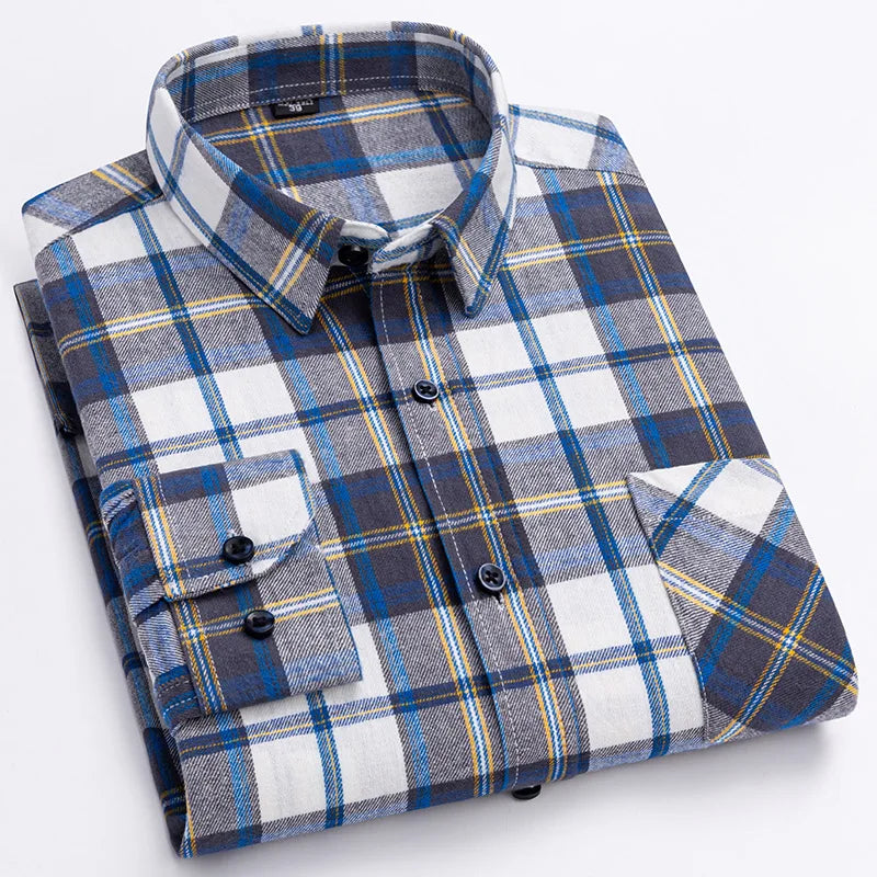 sanyamk Long Sleeve Flannel Plaid Shirts For Men Daily Tops Spring Autumn New 100% Cotton Regular Fit Checkered Casual Shirt Large Size