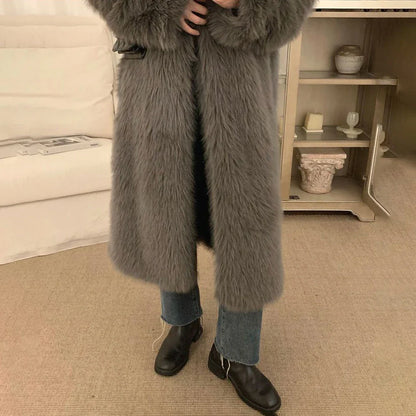 Bonsir Imitation Fox Fur Coat For Men New Autumn Winter Warm Thickened Long Fashion Elegant Solid Simple Loose Stand-Up Coat