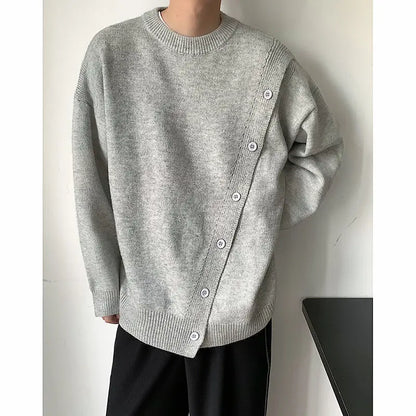 Bonsir Winter Solid O-neck Buttoned Slit Sweaters Couples Loose Casual High Street Pullovers Men Knitted Tops Male Clothes