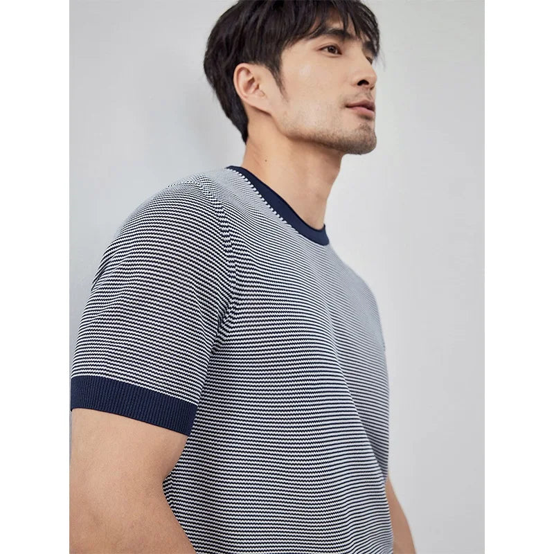 sanyamk  -  Men's Short Sleeve T-shirts Casual Knitting Striped Tops All-match Solid Color Pullover Soft Slim Fit Breathable T Shirt C104