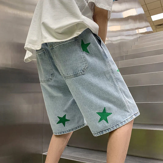 sanyamk Men's Street Hip-hop Denim Shorts Fashion Brand Star Print Loose Wide Leg Capris Summer Versatile Fashion Casual Pants