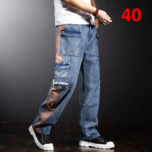 sanyamk Plus Size Jeans Men Denim Pants Baggy Jeans Pants Streetwear Patchwork Trousers Male Big Size Bottoms Fashion Causal