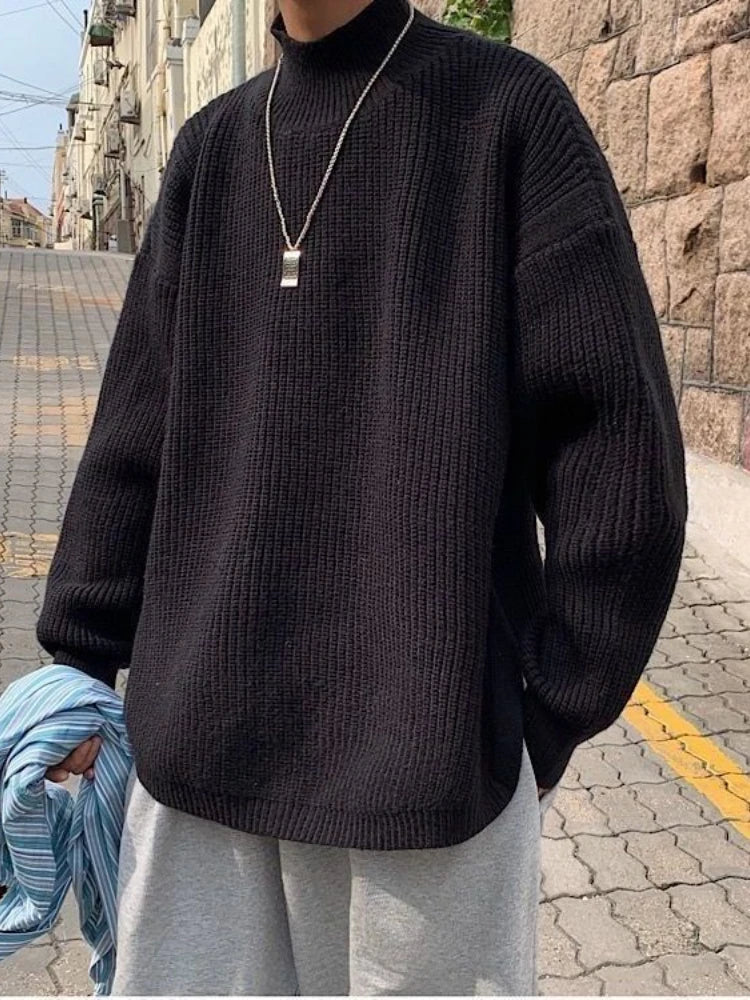 sanyamk Autumn Winter Pullover Korean Grunge Loose Split O-neck Sweater Men's Hong Kong Style Solid Color Bf Bottoming Jumper