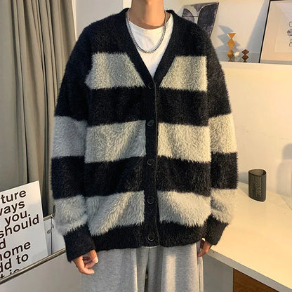 sanyamk Male Cardigans Vintage Retro Sweater Men's Knitted Contrast Color Sweater Winter Warm Casual Korean Streetwear Harajuku F140