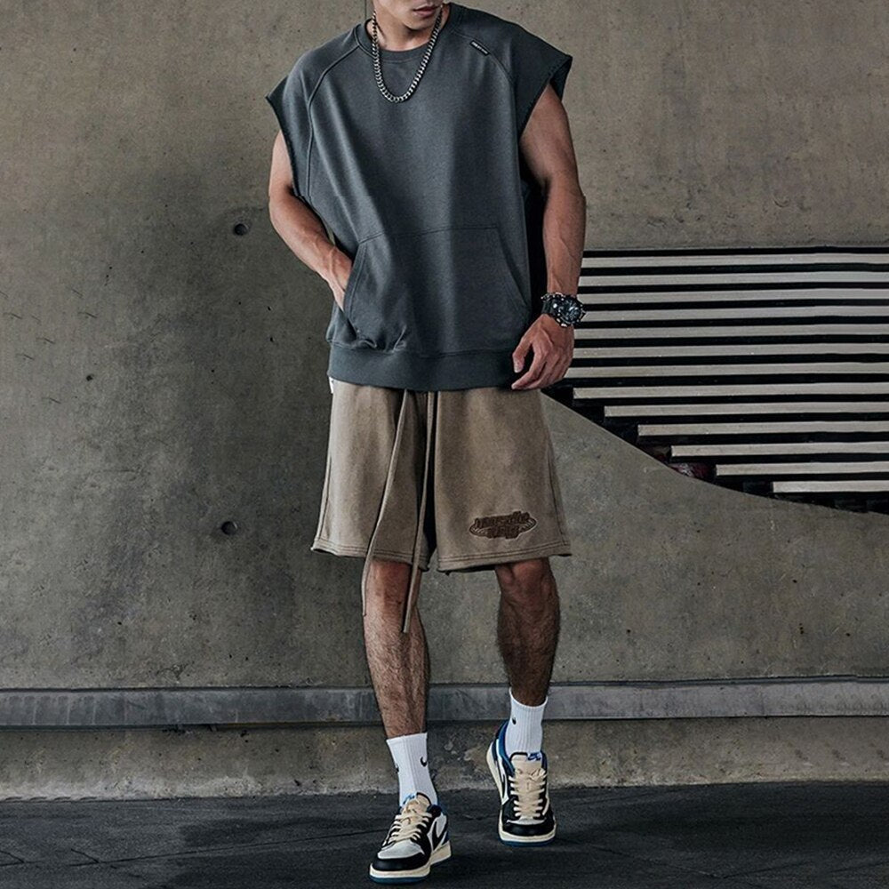 sanyamk American Fitness Vest Men's Summer Sweat-absorbing Wide-shoulder T-shirt Solid Loose Sports Top Training Suit Pocket Camiseta