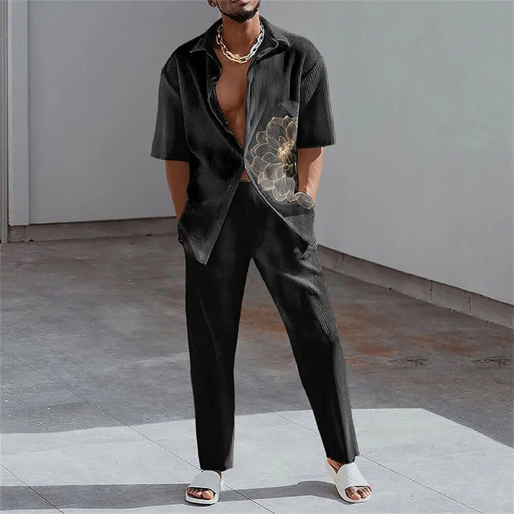 sanyamk 2024 Fashion 3D Print Two Piece Set Men Summer Short Sleeve Lapel Shirts Top And Pants Casual Suit Streetwear Mens Outfit