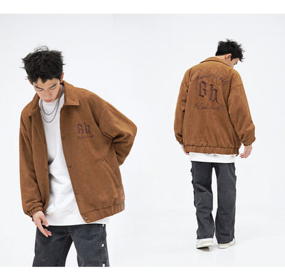 sanyamk American Baseball Uniform Retro Embroidery Lapel Jacket Men's Autumn Loose Casual Suede Coats High Street Youth Motor Clothing