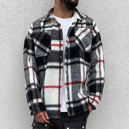 Bonsir Fall Mens Fashion Plaid Printed Shirt Jackets Long Sleeve Turndown Collar Buttoned Outerwear Men Casual Loose Coats Streetwear