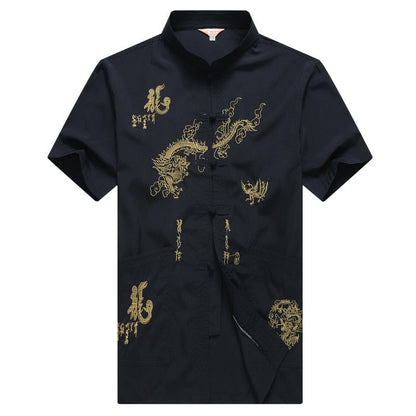 sanyamk Chinese Men Cotton Kung Fu Suit Embroidery  Wu Shu Uniform Tai Chi Clothing Short Sleeve Shirt+Pant M L XL XXL XXXL MS013