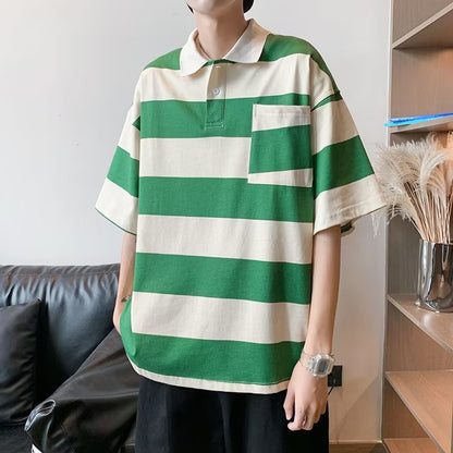 sanyamk Japanese streetwear Футболки  fashion loose short-sleeved POLO shirt men's ins tide brand design pocket striped T-shirt