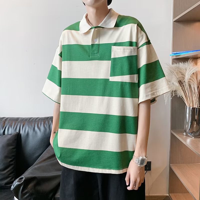 Bonsir Japanese streetwear Футболки  fashion loose short-sleeved POLO shirt men's ins tide brand design pocket striped T-shirt