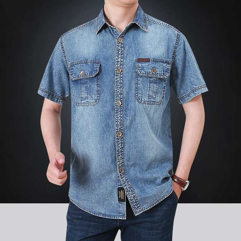 sanyamk Summer New Simple Polo Collar Men Denim Short Sleeve Shirt Comfortable Thin Mens Top Casual Loose Male Shirts