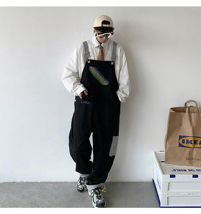 sanyamk Men Suspenders Jumpsuits Oversized Rainbow Printing Overalls Summer Straight Casual Pants Vintage Splicing Trousers Male Clothes