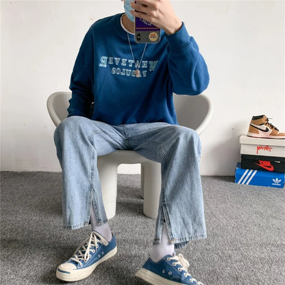 sanyamk Blue Jeans Men Loose Straight Leg Split Pants Spring New Casual Streetwear Pants Korean Kpop Clothes Simple All-match Trousers