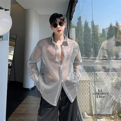 sanyamk Transparent Mesh Shirt Hollow Out Jacket Personality Breathable Youth Fashion Long Sleeve Tops Men Lapel Party Clubwear