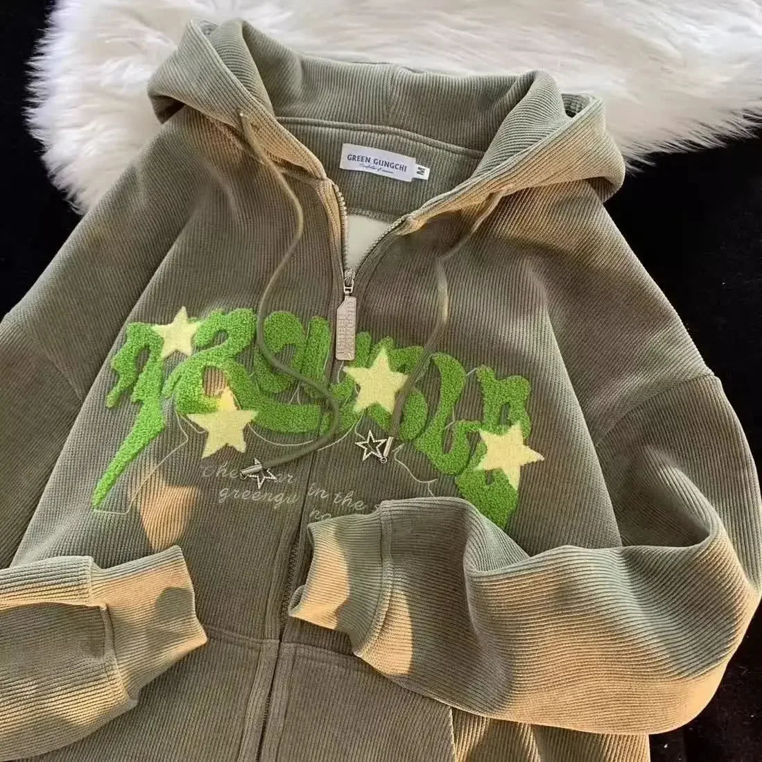 Bonsir Y2K Embroidered Hoodie Women Corduroy Autumn Winter Vintage Zip Up Oversized Sweatshirt Harajuku Long Sleeve Hooded