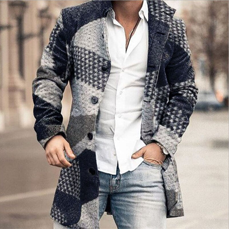 Bonsir Fashion Plaid Wool Coats Men Autumn Winter Warm Jacket Casual Long Sleeve Turn-down Collar Button-down Outerwear Mens Streetwear