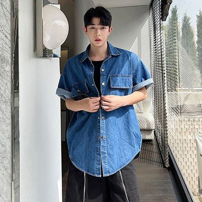 sanyamk Vintage Men's Denim Shirts Summer Korean Style Washed Short Sleeve Jacket Coat Fasion Male Casual Streetwear 2023 New